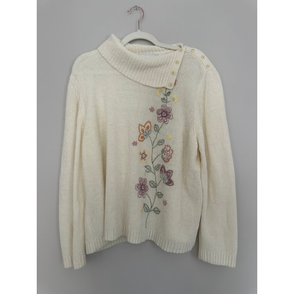 Alfred Dunner Cream Floral Embroidered Button Neck Sweater XL Sequin Accents